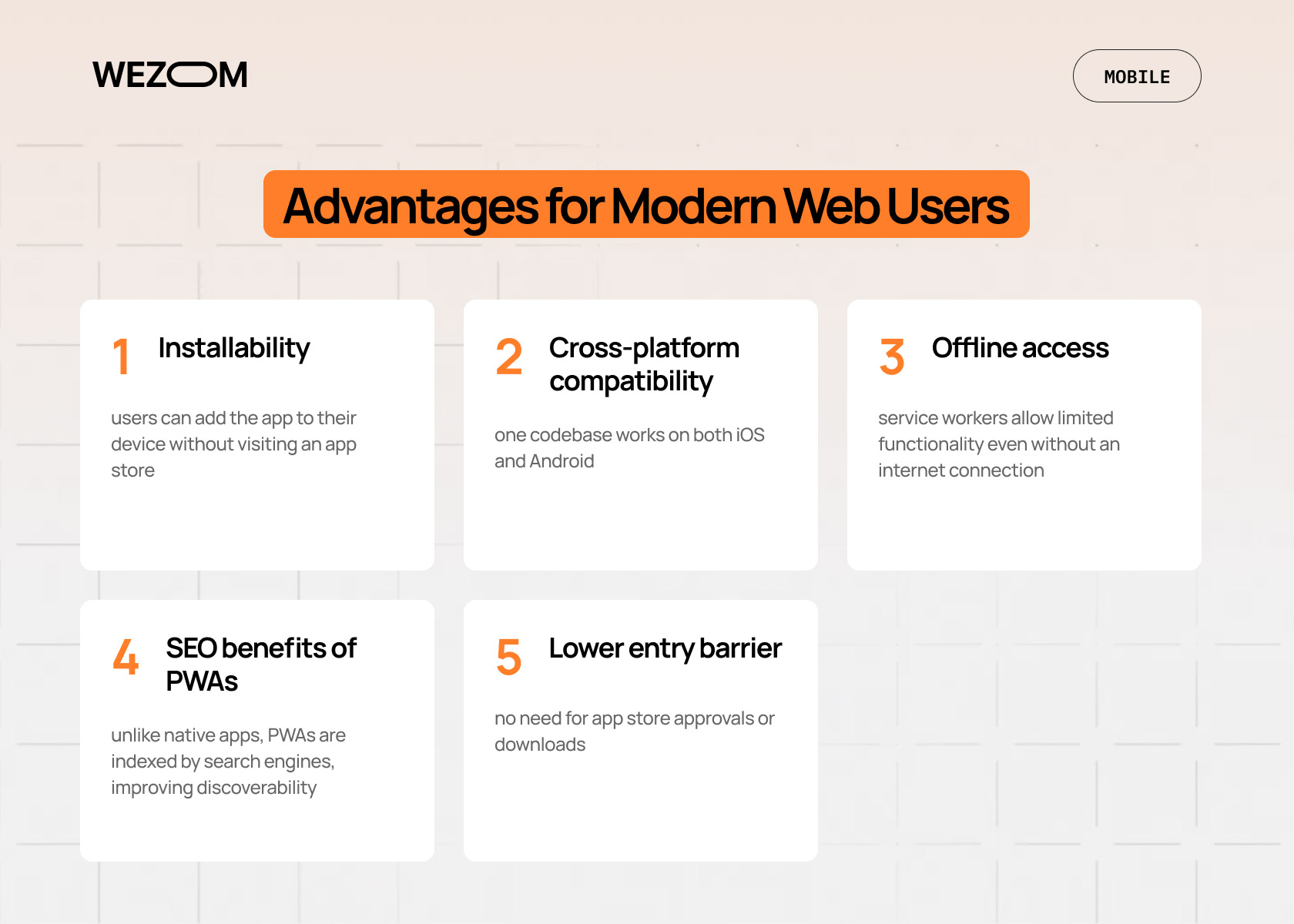 Advantages of progressive web apps vs native apps including installability, cross-platform compatibility, offline access, SEO benefits, and lower entry barrier